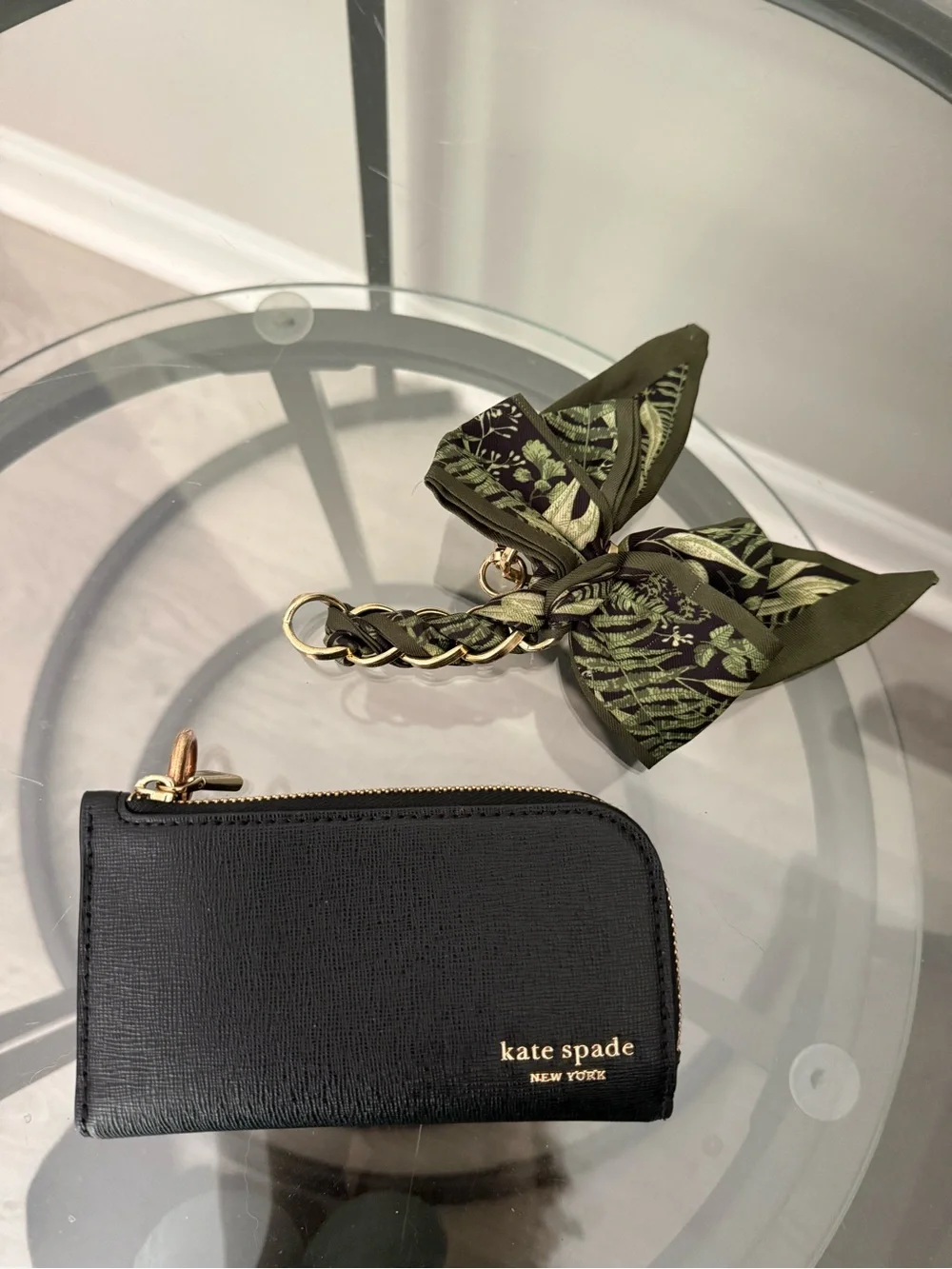 kate spade black leather bifold card wallet with zip coin pocket